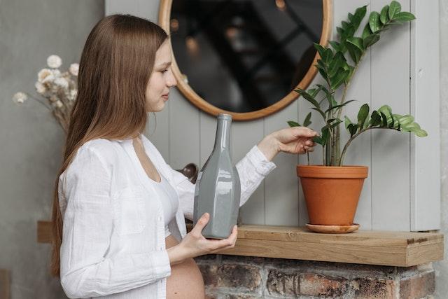 Woman watering the plants in her home