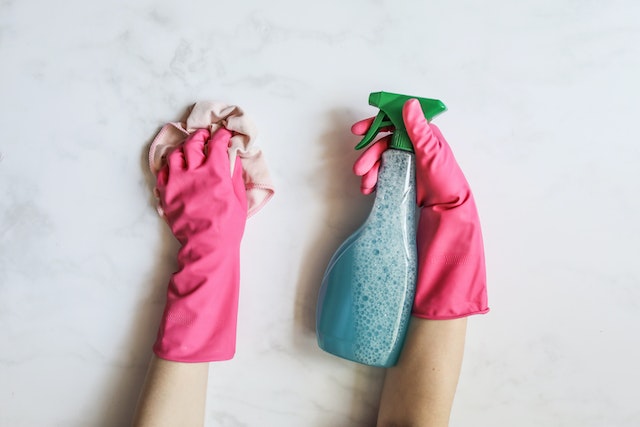 Person in pink gloves holding a spray bottle and a washcloth